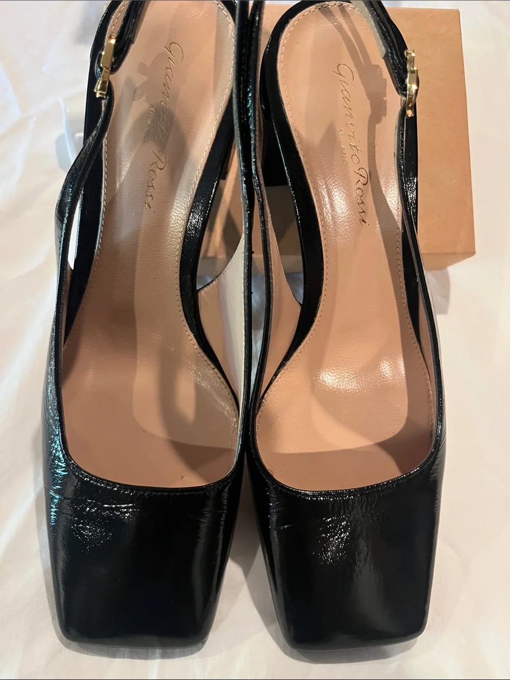 Gianvito Rossi Black Patent Square-Toe Slingback Heels